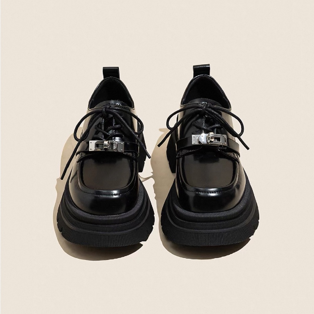 UO Kelly Style Black Patent Leather Platform Loafers with Silver Buckle